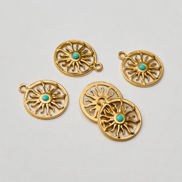 Zawieszka ze stali chirurgicznej słońce z turkusem w kolorze złotym 18mm PVD