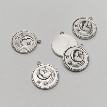 Zawieszka ze stali chirurgicznej księżyc i gwiazdy z białymi cyrkoniami w kolorze srebrnym 20mm