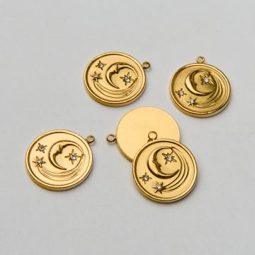 Zawieszka ze stali chirurgicznej księżyc i gwiazdy z białymi cyrkoniami w kolorze złotym 20mm PVD