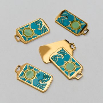 Emaliowana zawieszka ze stali chirurgicznej karta tarota zielone słońce w kolorze złotym 25,5mm PVD