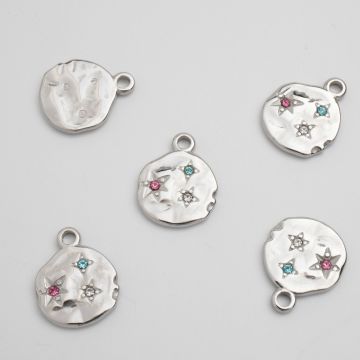 Zawieszka ze stali chirurgicznej nieregularne kółko w gwiazdki z cyrkoniami w kolorze srebrnym 18,5mm