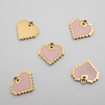 Zawieszka ze stali chirurgicznej serce pixelowe z emalią w kolorze złotym 12mm PVD