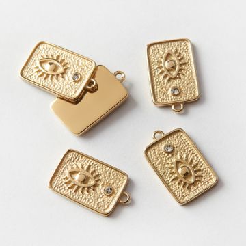 Zawieszka ze stali chirurgicznej prostokąt z okiem proroka i cyrkonią w kolorze złotym 14x12mm PVD