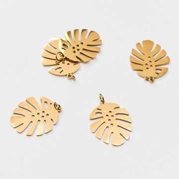 Zawieszka ze stali chirurgicznej liść monstery w kolorze złotym 21mm PVD