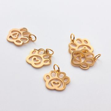 Zawieszka ze stali chirurgicznej łapka psa z serduszkiem w kolorze złotym 14mm