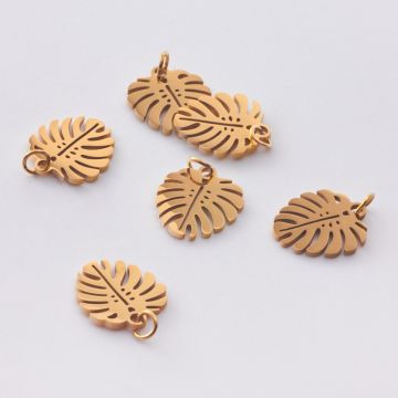 Zawieszka ze stali chirurgicznej liść monstery w kolorze złotym 13,5mm