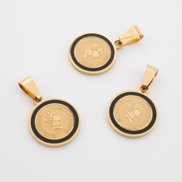 Zawieszka ze stali chirurgicznej moneta Królowa Elżbieta z czarną emalią i krawatką w kolorze złotym 18mm PVD