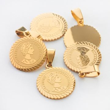Zawieszka ze stali chirurgicznej moneta królowa Elżbieta II w kolorze złotym 20mm