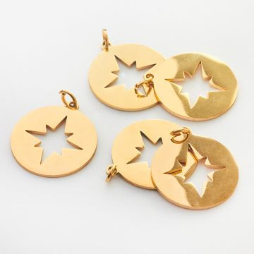 Zawieszka ze stali chirurgicznej róża wiatrów w kółku w kolorze złotym 20mm