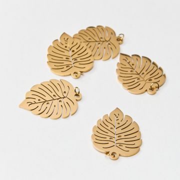 Zawieszka ze stali chirurgicznej liść monstery do naszyjnika w kolorze złotym 26mm PVD