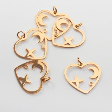 Zawieszka ze stali chirurgicznej serce z księżycem i gwiazdą w kolorze złotym 19,5mm