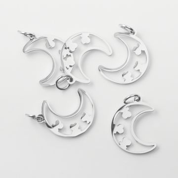 Zawieszka ze stali chirurgicznej księżyc z miśkami w kolorze srebrnym 14mm