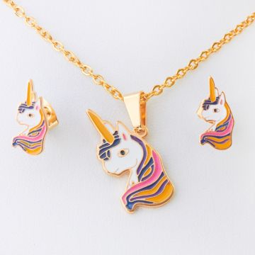 Komplet biżuterii z jednorożcem ze stali chirurgicznej w kolorze złotym 45cm