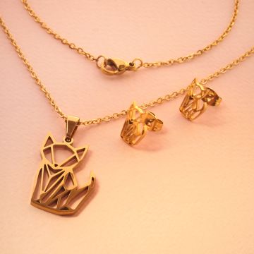 Komplet biżuterii ze stali chirurgicznej z kolczykami kotek origami w kolorze złotym 45cm