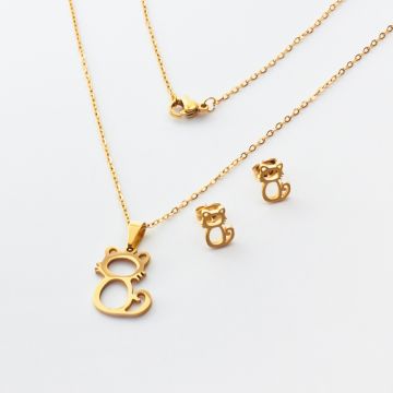 Komplet biżuterii ze stali chirurgicznej z kolczykami kotek w kolorze złotym 45cm