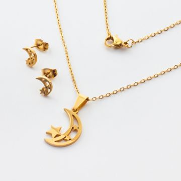 Komplet biżuterii ze stali chirurgicznej z kolczykami księżyc z gwiazdkami w kolorze złotym 45cm