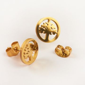 Kolczyki ze stali chirurgicznej drzewo rodziny w kolorze złotym 10mm