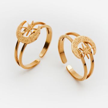 Pierścionek regulowany ze stali chirurgicznej z księzycem i gwiazdą w kolorze złotym 20mm