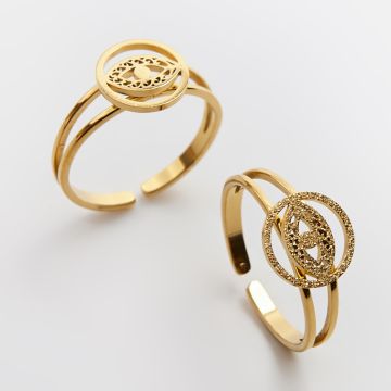 Pierścionek regulowany ze stali chirurgicznej z okiem proroka w kolorze złotym 20mm