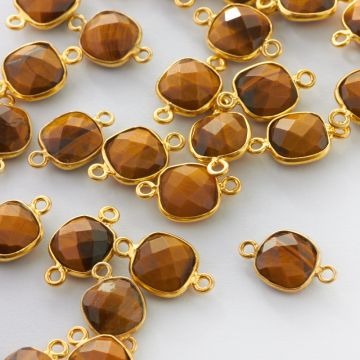 Łącznik tygrysie oko fasetowany w okuciu pozłacanym AG925 8mm