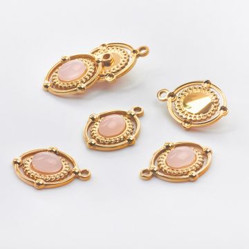 Zawieszka ze stali chirurgicznej owal z różowym kryształem górskim w kolorze złotym 21,5mm