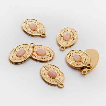 Zawieszka ze stali chirurgicznej owal z różowym kryształem górskim w kolorze złotym 21mm PVD