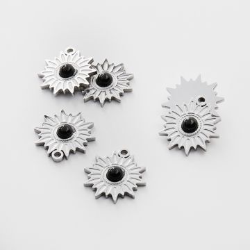 Zawieszka ze stali chirurgicznej słoneczko z onyksem w kolorze srebrnym 17mm