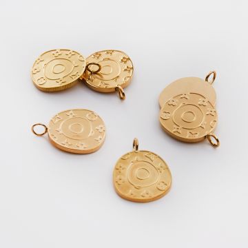 Zawieszka ze stali chirurgicznej grawerowana ozdobna w kształcie owalu w kolorze złotym 18,5mm PVD