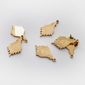 Zawieszka ze stali chirurgicznej pióro pawia w kolorze złotym 27mm PVD