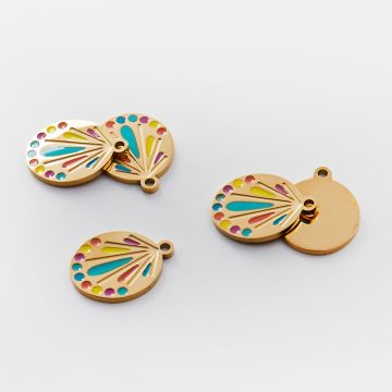 Zawieszka ze stali chirurgicznej emaliowana pawie pióro w kolorze złotym 20mm PVD