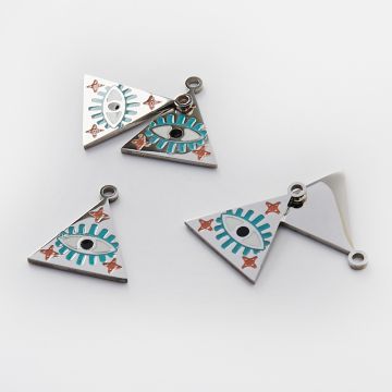 Zawieszka ze stali chirurgicznej emaliowana trójkąt z okiem proroka w kolorze srebrnym 22,5mm