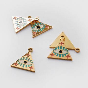 Zawieszka ze stali chirurgicznej emaliowana trójkąt z okiem proroka w kolorze złotym 22,5mm PVD