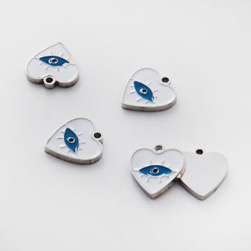 Zawieszka ze stali chirurgicznej emaliowana serce biało niebieskie w kolorze srebrnym 10mm