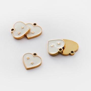 Emaliowana zawieszka ze stali chirurgicznej serce z gwiazdkami białe w kolorze złotym 10mm PVD