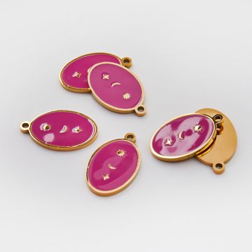 Emaliowana zawieszka ze stali chirurgicznej owal różowy ze słońcem, księżycem i gwiazdą w kolorze złotym 21mm PVD