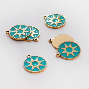 Emaliowana zawieszka ze stali chirurgicznej kółko z gwiazdą turkusowe w kolorze złotym 18mm PVD