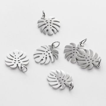 Zawieszka ze stali chirurgicznej liść monstery w kolorze srebrnym 19mm