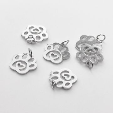 Zawieszka ze stali chirurgicznej łapka psa z serduszkiem w kolorze srebrnym 14mm