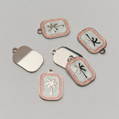 Zawieszka ze stali chirurgicznej emaliowana z palmą w kolorze srebrnym 19,5mm